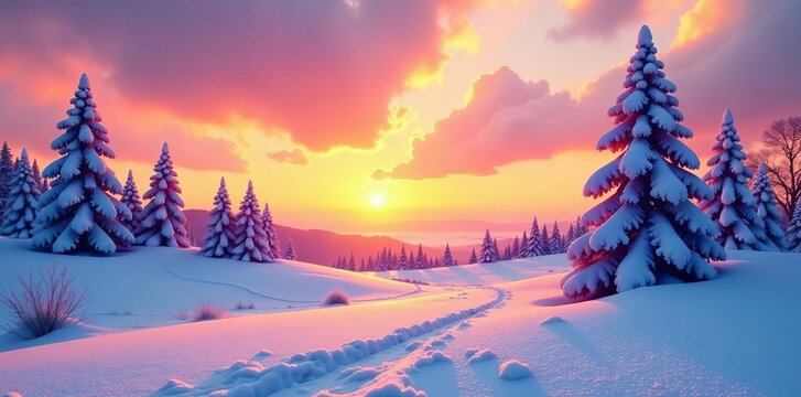 Minimalist winter sunset scene with snow-covered trees, nature, trees