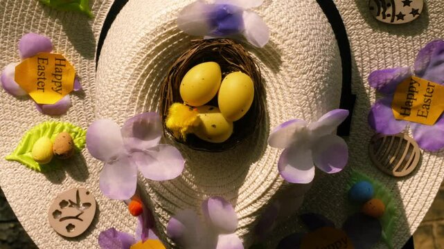 Easter bonnet straw hat decorated with eggs and flowers