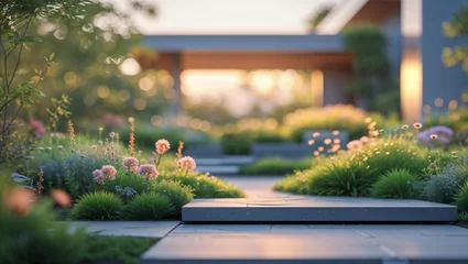 Foto auf Acrylglas Pflegezentrum A beautiful garden pathway with blooming flowers and sunlight creates a tranquil scene.  © demzp