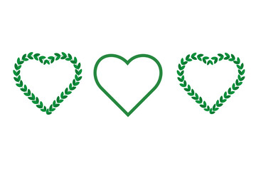 Set of Green and Green with Leaves Hearts, Nature and Love Concepts