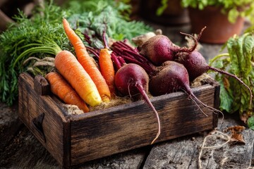 Freshly harvested carrots and beets in a rustic wooden crate.
