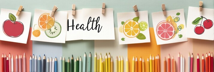 Health Tips Presented on a Pastel Board With Fruit Stickers and Colorful Pencils Displayed Below