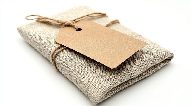 Eco gift tag made from recycled kraft paper tied to natural fabric wrap .