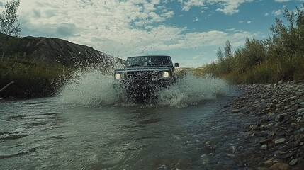 vehicle fording wild river, camera angle low near water, dramatic splash .