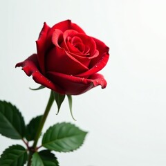 Fototapeta premium Elegant red rose with dew drops on white backdrop, petals, flora