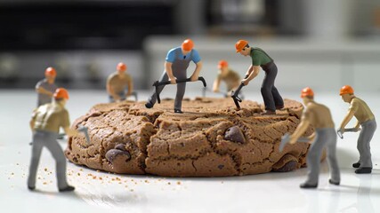 Miniature Workers Mining Chocolate Chip Cookie Teamwork Concept Video