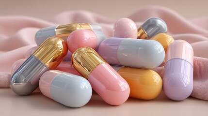A pastel background shot of Co Q10 capsules scattered on light linen under soft evening glow