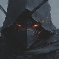 An mysterious person with a dark hooded cloak, with glowing red eyes