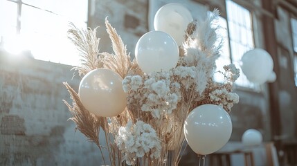 Biodegradable balloons and dried flower arrangements at eco wedding party .