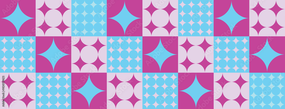 Poster geometric background with retro style, featuring purple and blue. the background has vibrant, patter