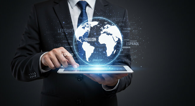A man in a suit using a tablet with a holographic globe displaying language translation features selling, purchasing, agreement, $