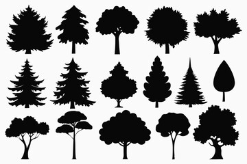 Fototapeta premium Vector silhouette of tree on white background. Tree silhouette vector. Isolated forest trees.