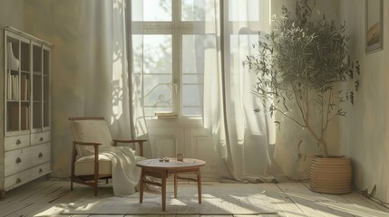 Cozy corner with an armchair, coffee table, and olive tree by sheer curtains