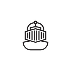 A simple, bold line drawing of a knight's helmet.