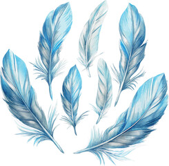 Flying feathers blue monichrome watercolor vector illustration set
