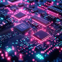 Obraz premium Close Up of a Glowing Futuristic Computer Motherboard with Neon Lights