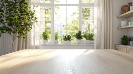 Naklejka premium Empty Light Wooden Table Top Kitchen Scene