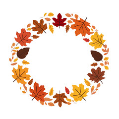 Vector illustration of a circular autumn wreath made of colorful fall leaves on a white background, autumn decoration