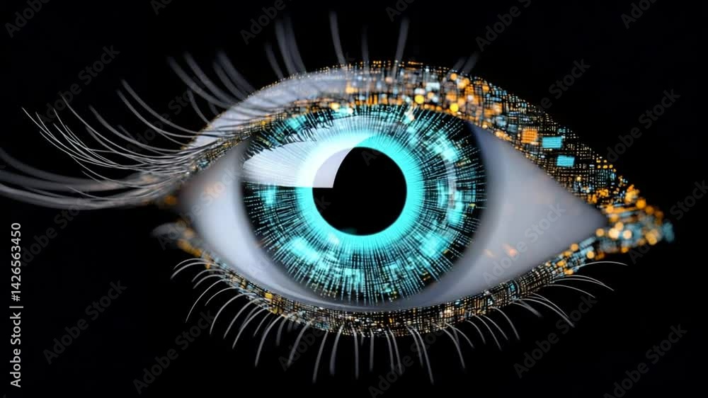 Poster futuristic digital eye design with vibrant colors and complex patterns for technological themes
