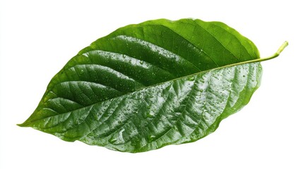 Fototapeta premium Vibrant green leaf glistening with morning dew, showcasing nature's beauty.