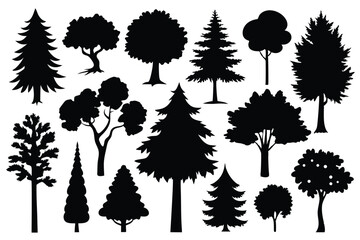 Fototapeta premium Vector silhouette of tree on white background. Tree silhouette vector. Isolated forest trees.
