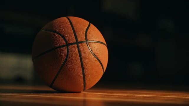 Close-Up of a Basketball Resting on a Wooden Court Floor with Dramatic Lighting and Shadows