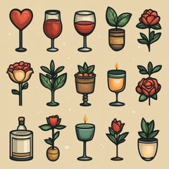 minimal romance icons with elegant curves, flat line vector style