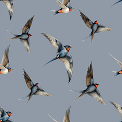 Flying swallows in sky seamless pattern vector watercolor realistic illustration