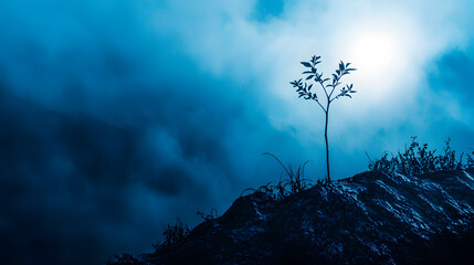 Solitude in the Mist: A lone, silhouetted sapling bravely stands tall against a backdrop of swirling mist and a hazy moon, creating a serene and ethereal atmosphere.