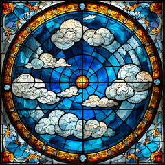 Colorful Abstract Stained Glass Window with Sky and Clouds  
