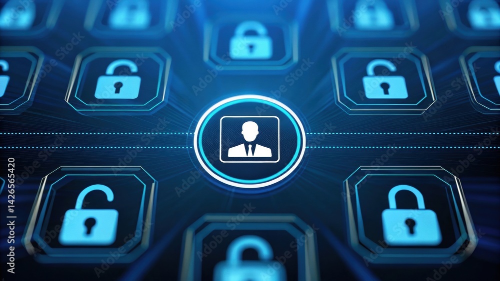 Poster ai agent technology. digital network security concept featuring user icons and lock symbols in a tec