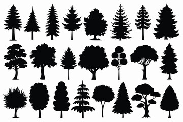 Vector silhouette of tree on white background. Tree silhouette vector. Isolated forest trees.