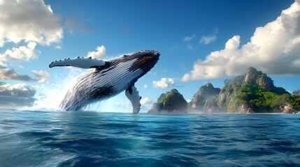 Fototapeta premium Humpback whale jumping in tropical ocean