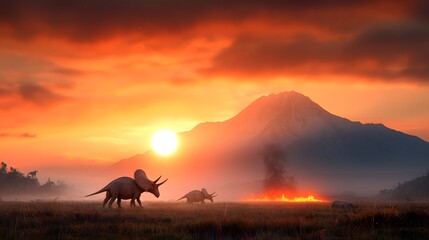 Silhouetted dinosaurs in a dramatic prehistoric landscape at sunset