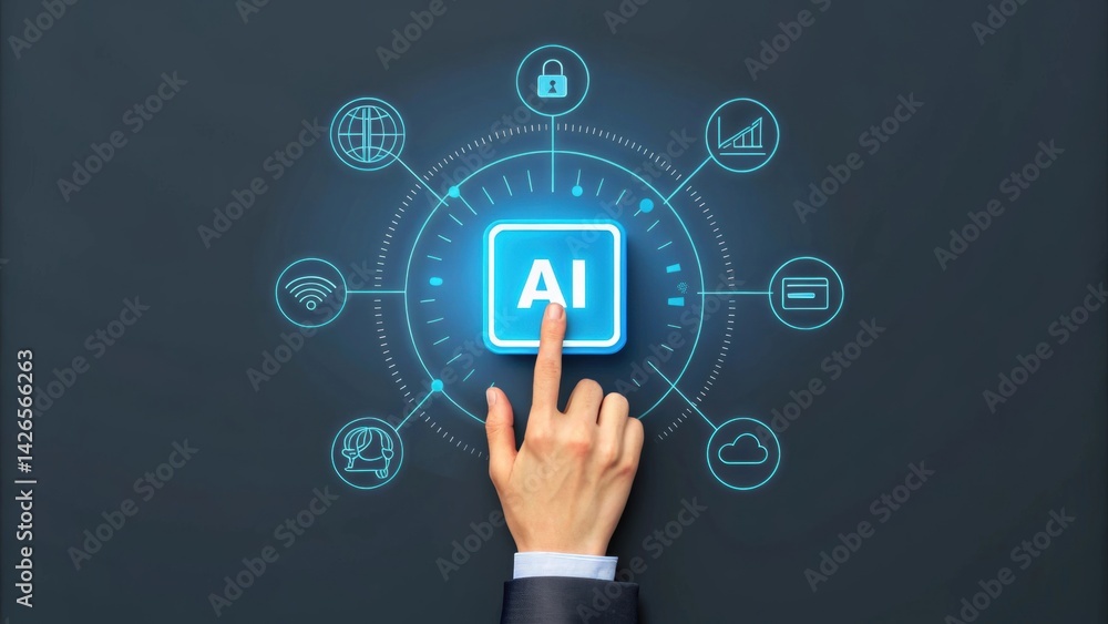 Poster ai agent technology. hand pressing an ai button amidst various digital icons representing technology