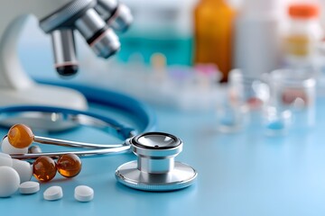Various medical equipment and supplies on a blue table