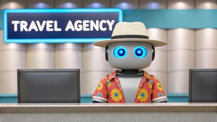 AI agent Technology. A friendly robot in a floral shirt at a travel agency reception desk.