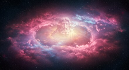Obraz premium A divine figure emerges from vibrant purple clouds and stars, glowing with cosmic light and spiritual energy in a surreal, celestial atmosphere.