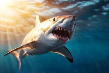 Naklejka premium Powerful shark emerging from the ocean depths