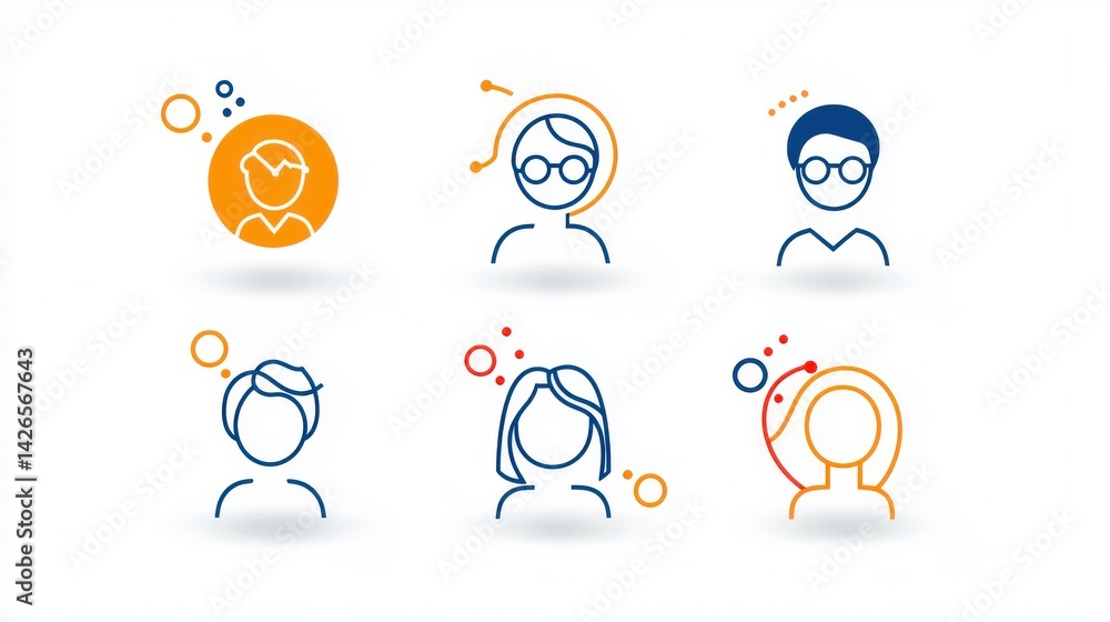 Poster a set of simple minimalist icons and avatars representing diverse people in a modern friendly and di