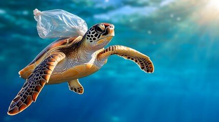 Sea turtle swimming amongst plastic bag in the ocean