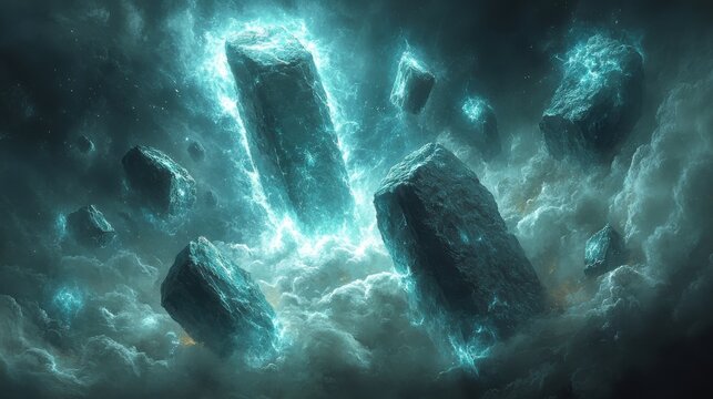 mythic scene of dragon and floating rune stones, glowing in swirling storm