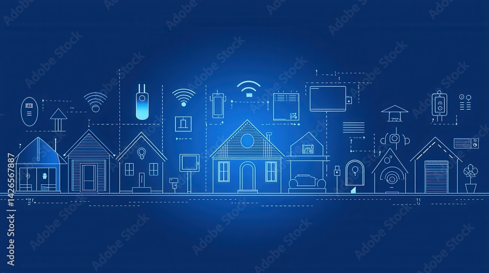 Poster of a smart home with various digital icons and wireless connectivity technologies for automated cont