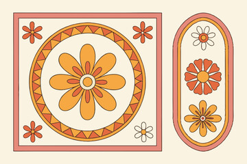 94 Retro floral frames, 1970s style, geometric shapes, square circle arch, orange yellow pink, flower power, groovy design, vintage illustration, bold outlines, symmetrical composition, playful border
