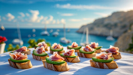 Fototapeta premium Appetizing appetizers featuring avocado, prosciutto, and bread, perfect for a sunny outdoor celebration.