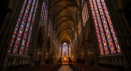 Obraz premium Inside a majestic cathedral, featuring stunning stained glass windows and architectural grandeur.