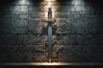 Majestic sword displayed on a stone wall.