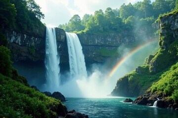 Majestic waterfall in a lush green forest with mist and rainbows, water, anime, waterfall