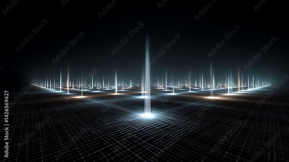 Poster futuristic grid landscape with emanating light beams and abstract design