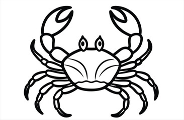 A simple, black line drawing of a crab facing forward. The crab features two prominent claws, a rounded body, and two large, expressive eyes. Its legs are extended outward.